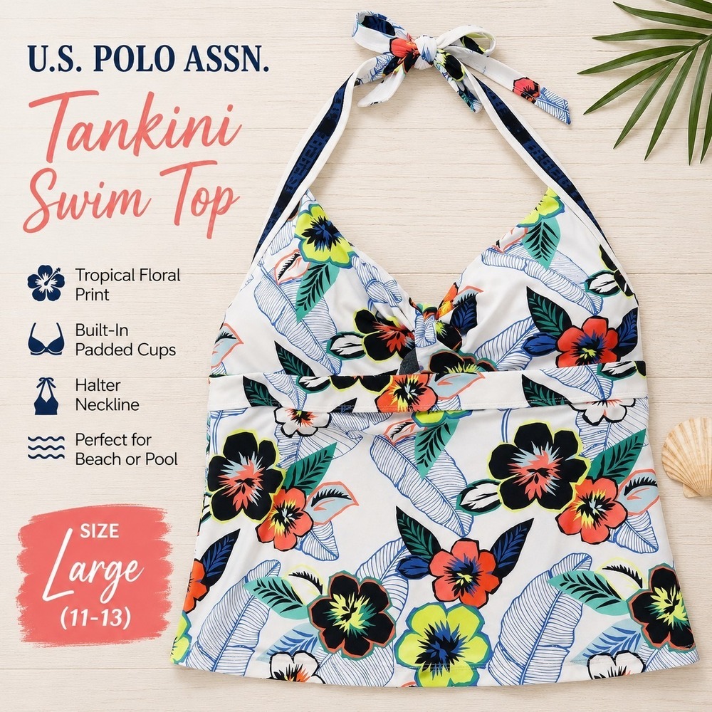 U.S. Polo Assn Tankini Swim Top Women L 11-13 Floral Tropical Halter Bathing